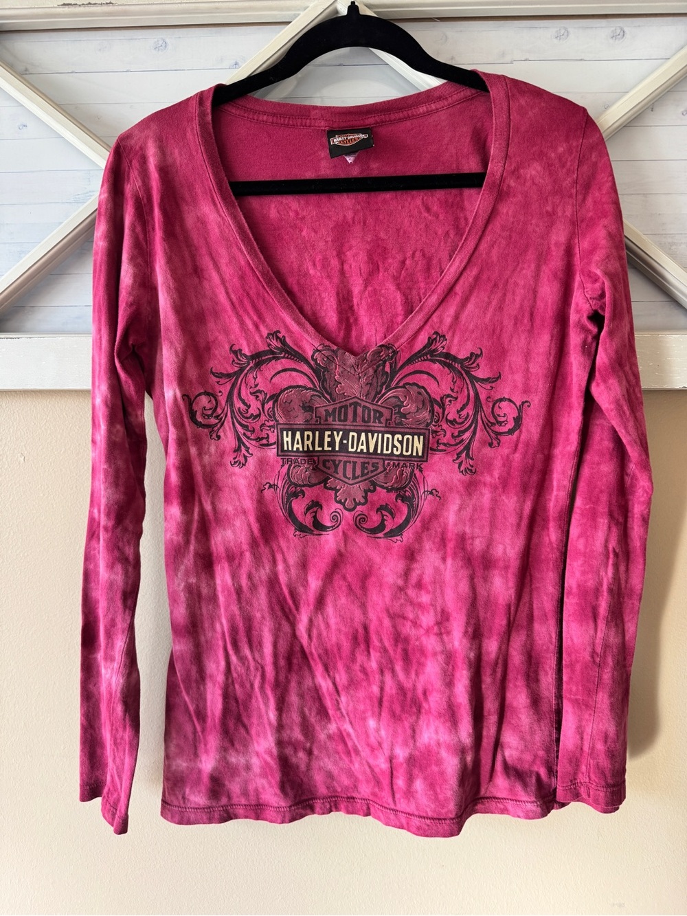Y2K Harley Davidson Motorcycles Pink Tie-Dye Long Sleeve TShirt Womens Size XL